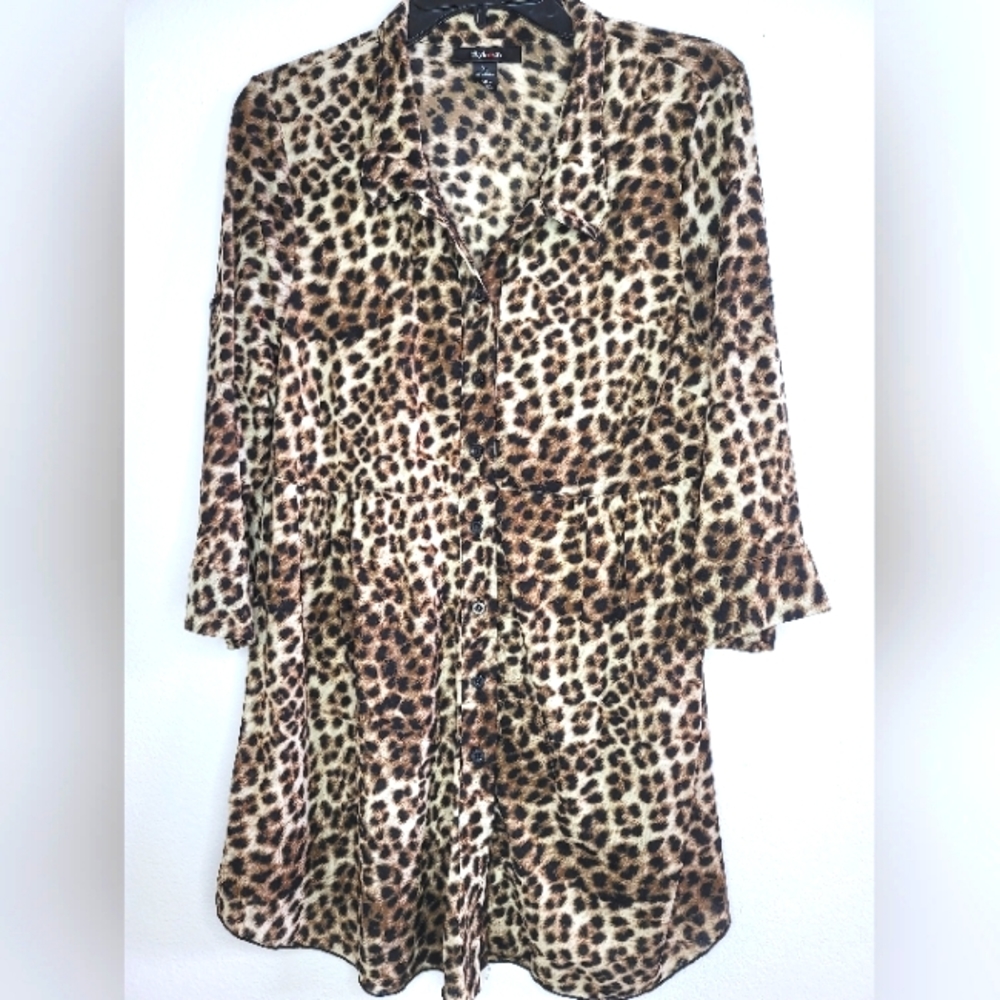 Style & Co Leopard Print Blouse Semi Sheer 3/4 Sleeve Button Down Stretchy XL
